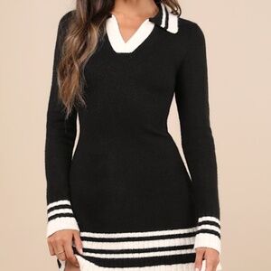 Lulus Soft Serenity Black And Ivory Collared Sweater Mini Dress - Size XL